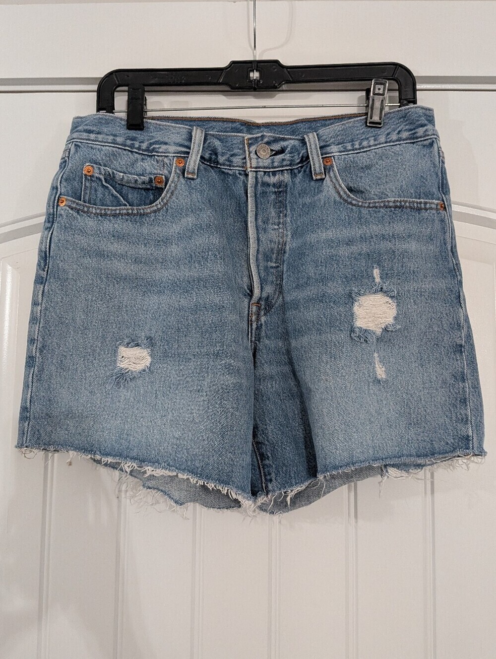 Levi's Big E 501 Distressed High Rise Denim Cut-Off Raw Hem Shorts